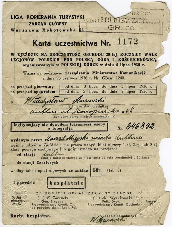 Karta uczestnictwa w obchodach 20-tej rocznicy walk Legionów Polskich pod Polską Górą i Kościuchnówką