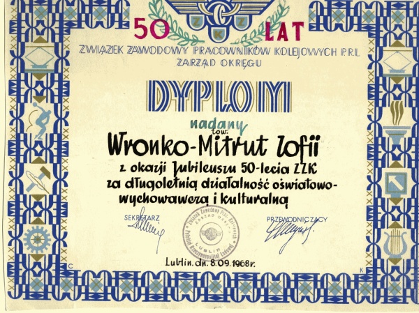 Dyplom dla Zofii Wronko-Mitrut