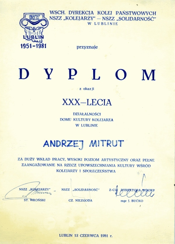 Dyplom dla Andrzeja Mitruta
