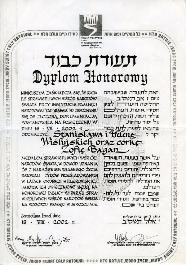 Dyplom Honorowy Instytutu Yad Vashem dla Stanisława i Heleny Wiślińskich oraz ich córki Zofii Bagan