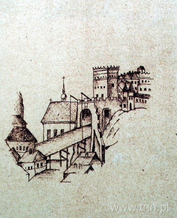 Brama Grodzka w Lublinie, wyrys z obrazu "Pożar miasta Lublina w 1719 roku"