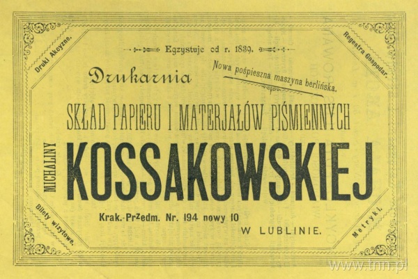 Reklama drukarni Michaliny Kossakowskiej zamieszczona w kalendarzu na rok 1919