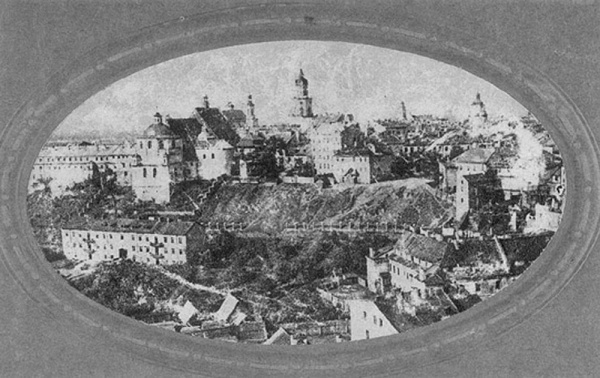 Panorama Starego Miasta i dzielnicy żydowskiej w Lublinie w owalnym passe-partout