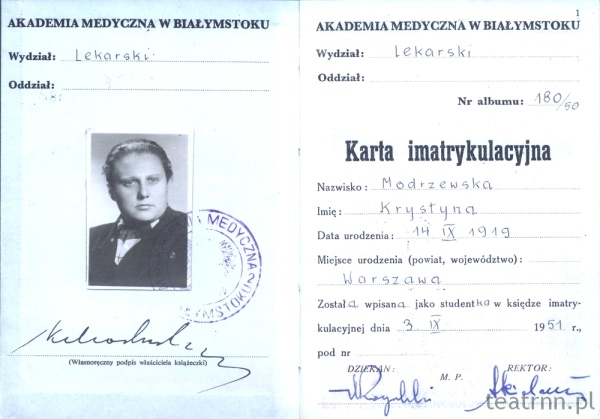 Karta immatrykulacja Krystyny Modrzewskiej z Akademii Medycznej w Białymstoku