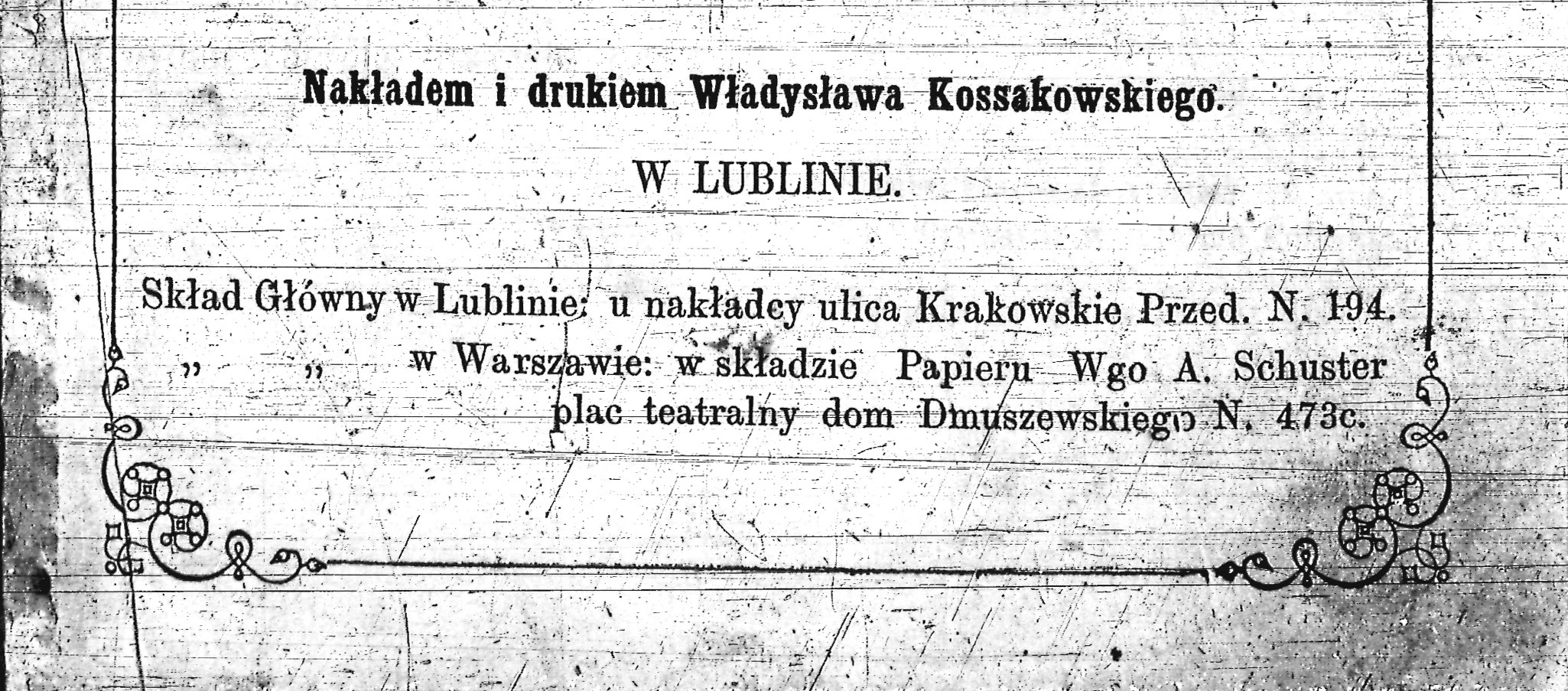 "Kalendarz Lubelski na rok1869" - fragment karty tytułowej z zapisem miejsca druku