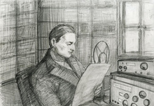 Jonas Turkow czytający audycję radiową w jidysz nadawaną z Lublina (rys. Edyta Pietrzak)