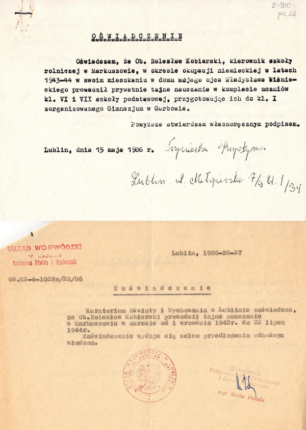 Dokumenty potwierdzające prowadzenie tajnych kompletów przez Władysława Kobierskiego