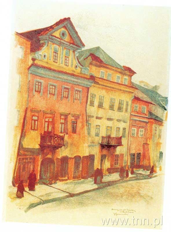Domy na ulicy Szerokiej. Litografia Jana Gumowskiego