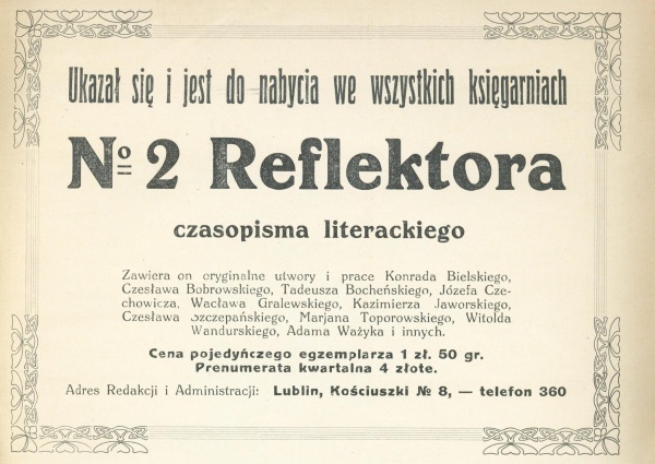 Reklama "Reflektora" zamieszczona w "Przeglądzie Lubelsko-Kresowym, nr 6