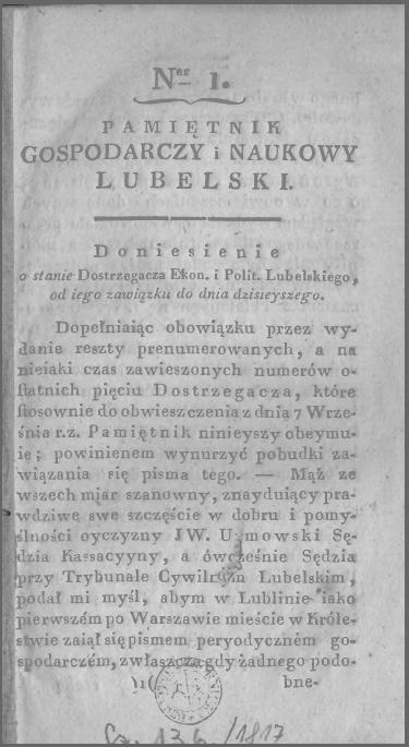 Pierwsza strona pisma "Pamiętnik Gospodarczy i Naukowy Lubelski"