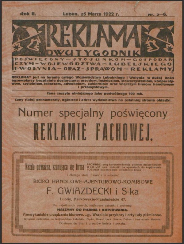 Pierwsza strona pisma "Reklama", dwutygodnik poświęcony sprawom reklamy i lubelskim stosunkom gospodarczym, organ Biura "Reklama" w Lublinie, R. 2, nr 5/6 (1922)