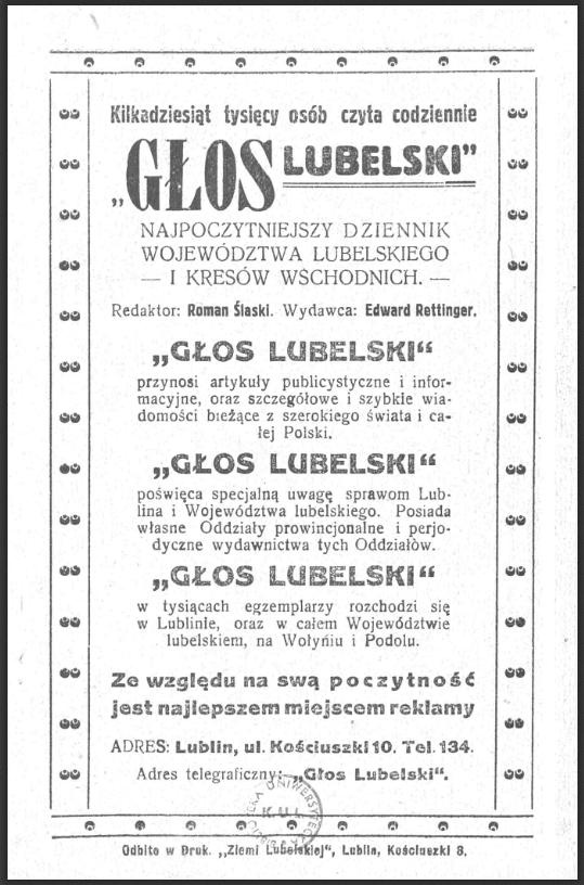 Reklama dziennika "Głos Lubelski" zamieszczona w wydawnictwie "Skorowidz Firm Chrześcijańskich Miasta Lublina"