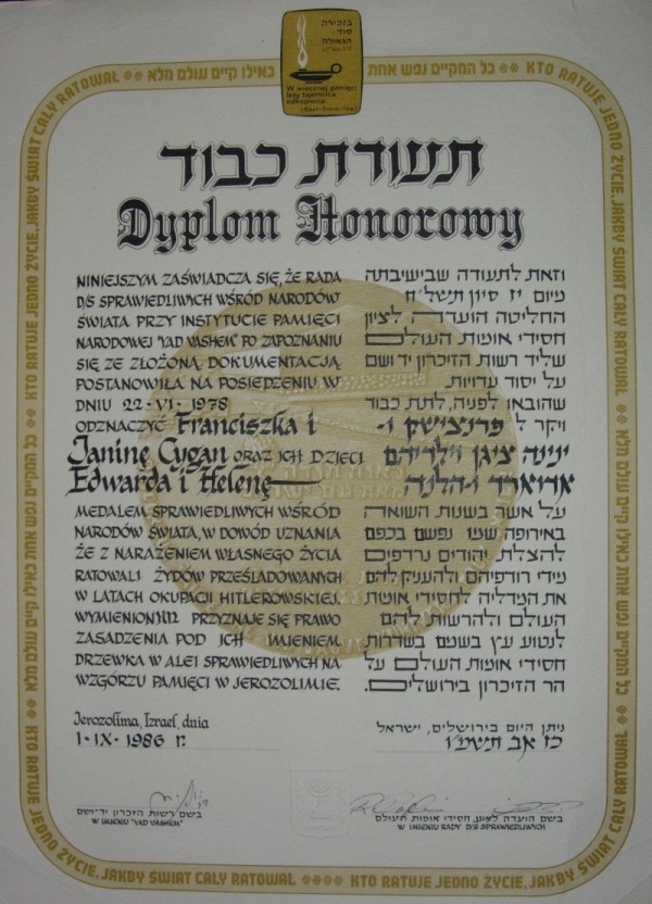 Dyplom Honorowy Instytutu Yad Vashem dla rodziny Cygan