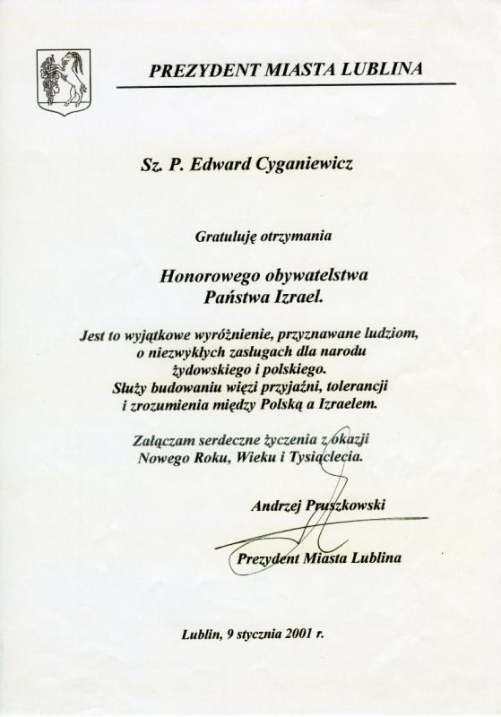 List gratulacyjny od Prezydenta Miasta Lublina dla Edwarda Cyganiewicza. 9 stycznia 2001.