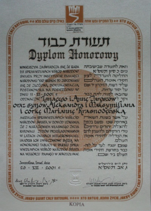 Dyplom Yad Vashem przyznany Ignacemu i Annie Jarosz oraz ich dzieciom Aleksandrowi, Maksymilianowi i Mariannie