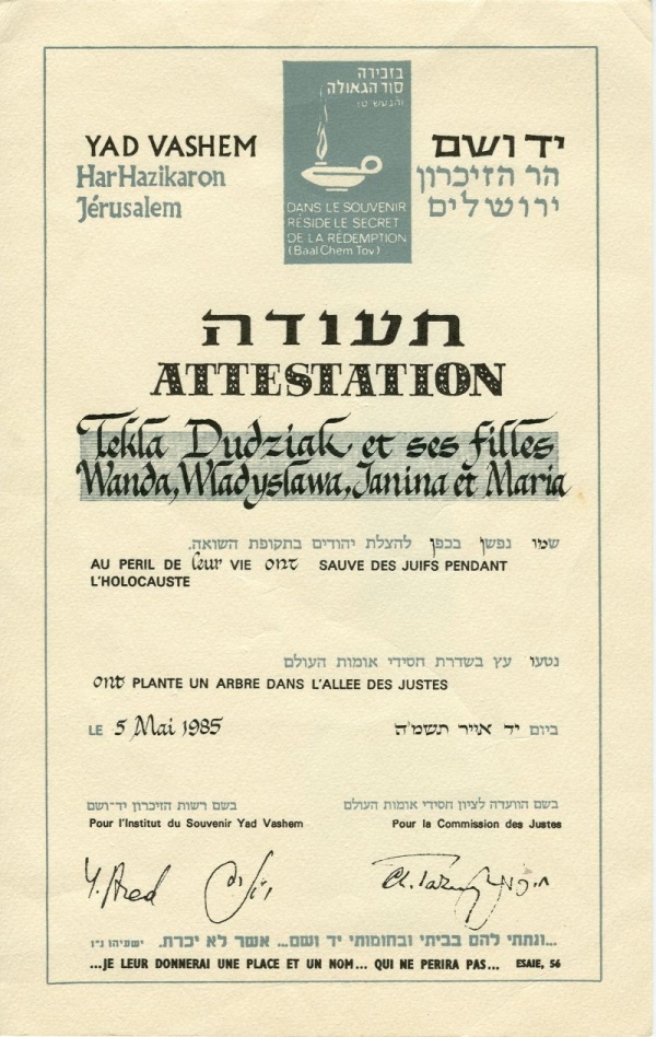 Dyplom Honorowy Instytutu Yad Vashen dla rodziny Dudziak