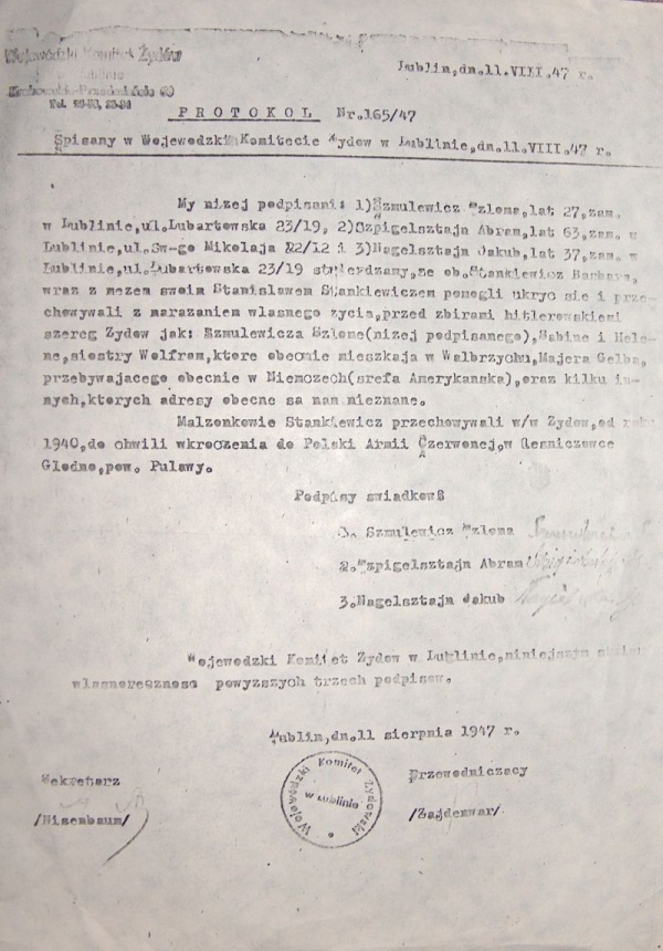 Oświadczenie uratowanych przez małżeństwo Stankiewiczów: Szlomy Szmulewicza, Abrama Szpigielsztajna, Jakuba Nagelsztajna z 1947 roku.