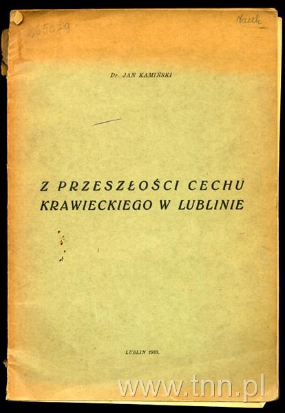 Okładka książki Jana Kamińskiego: "Z przeszłości cechu krawieckiego w Lublinie"