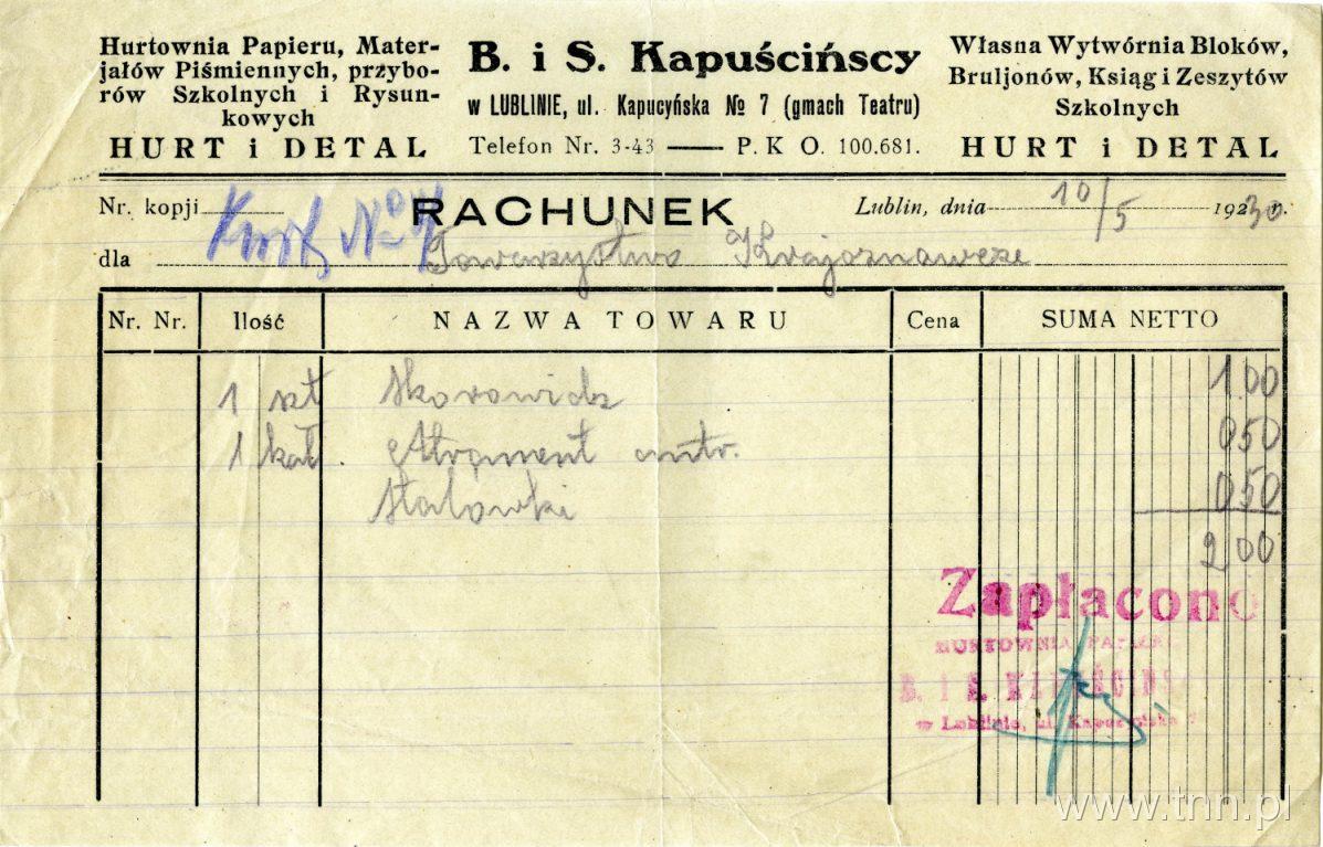 Rachunek składu papierniczego B. i S. Kapuścińscy, ul. Kapucyńska 7. Lublin, 1930