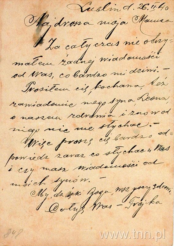 Karta pocztowa od Froima Żytomirskiego napisana 26 lutego 1940 roku