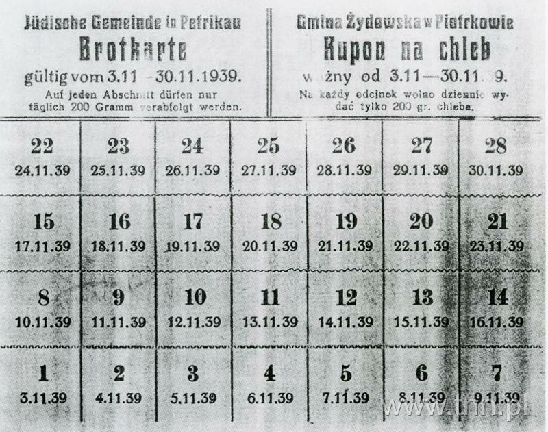 Karta na chleb wydana przez Gminę Żydowską w Piotrkowie