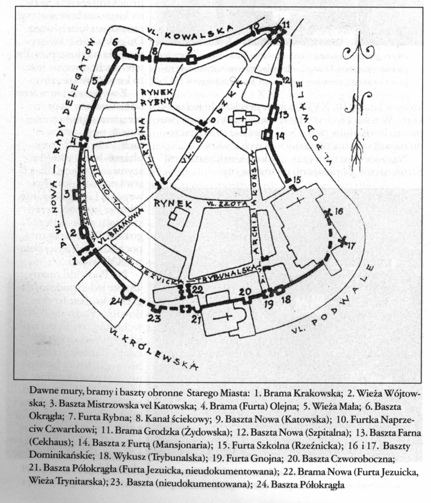 Plan Starego Miasta w Lublinie z zaznaczonymi murami obronnymi