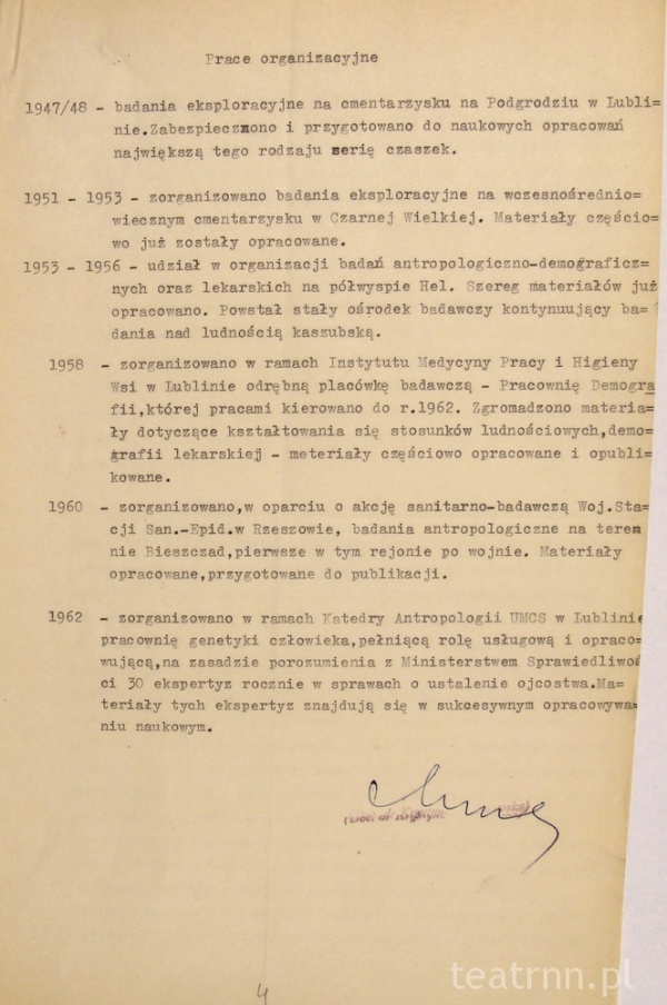 Spis prac organizacyjnych wykonanych przez Krystynę Modrzewską z 1965 roku.