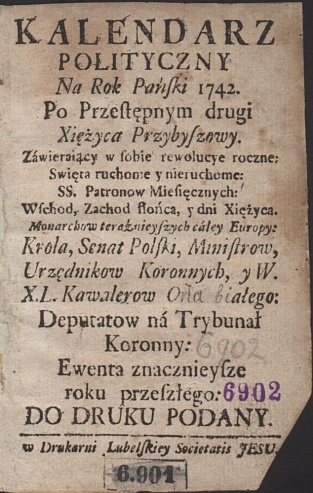 Strona tytułowa "Kalendarza politycznego na rok panski 1742"