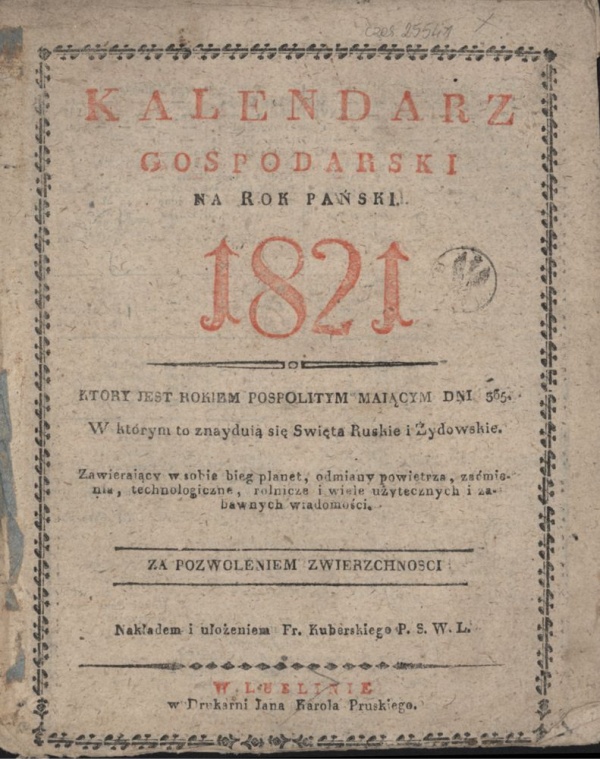 Strona tytułowa "Kalendarza gospodarskiego na rok pański 1821"