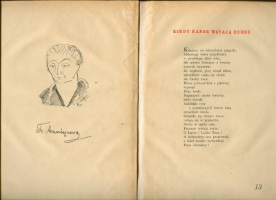 Strona "Antologi współczesnych poetów lubelskich" z karykaturą Franciszki Arnsztajnowej