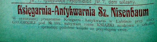 Reklama księgarni i antykwariatu Szlomo Baruch Nissenbauma