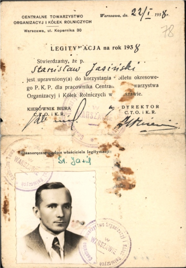 Legitymacja Stanisława Jasińskiego z Centralnego Towarzystwa Organizacji i Kółek Rolniczych na rok 1938 rok