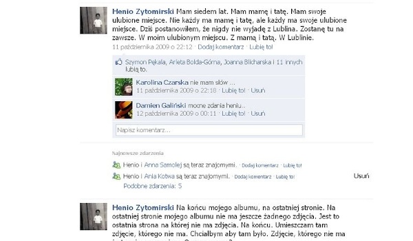 Profil Henia na Facebooku (2009)