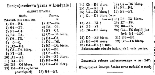 Zapis partii szachowej z udziałem Zukertorta, źródło: „Tygodnik Illustrowany” 1878, seria 3, t. 6, nr 149