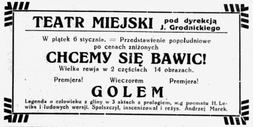 Reklama sztuki Golem w Ziemi Lubelskiej, R. 24, 1928, nr 6 (ze zbiorów Biblioteki Narodowej, www.polona.pl)
