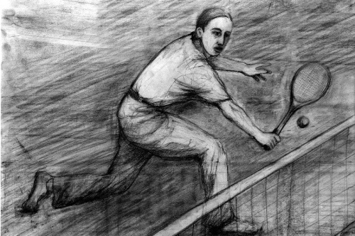 Jan Arnsztajn podczas gry w tenisa (rys. Edyta Pietrzak) 